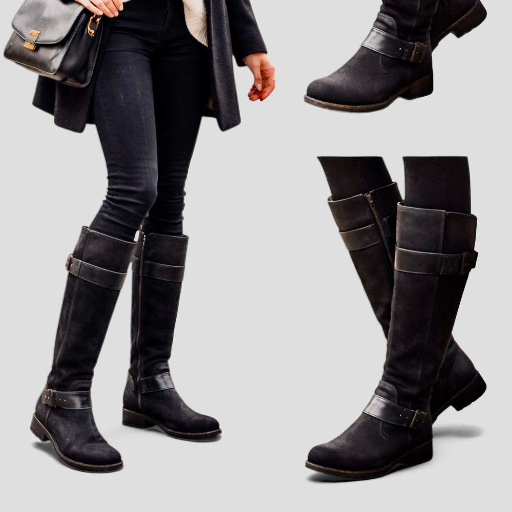 UGG Tall Black Suede Leather‎ Harness Buckle Knee High Boots Size 9